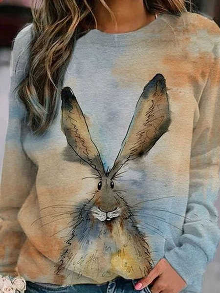 Casual Cotton Crew Neck Animal Shirts & Tops, Blue, Hoodies & Sweatshirts