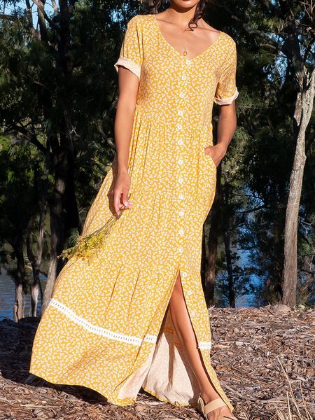 

Polka Dots Boho Short Sleeve Cotton-Blend Weaving Dress, Yellow, Summer Dresses
