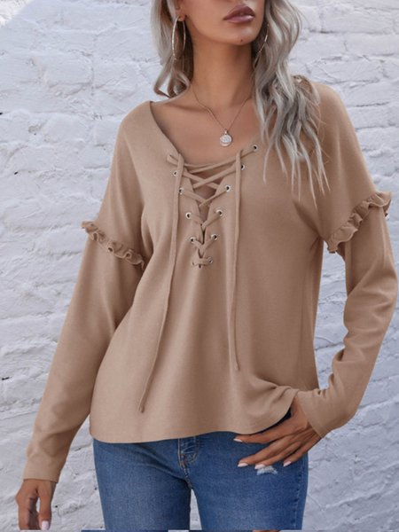 

V Neck Vintage Plain Shift Top, Khaki, Tops