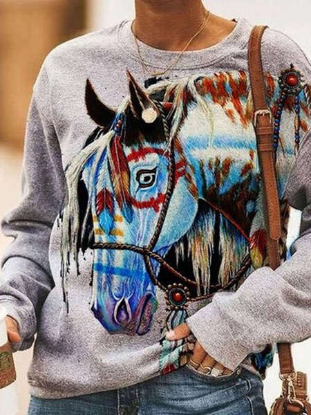 

Long Sleeve Casual Animal Shirts & Tops, Grey, Hoodies & Sweatshirts