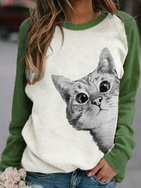

Lovely Lifelike Cat Print Raglan Sleeves Color-block Sweatshirt, Green, Hoodies&Sweatshirts