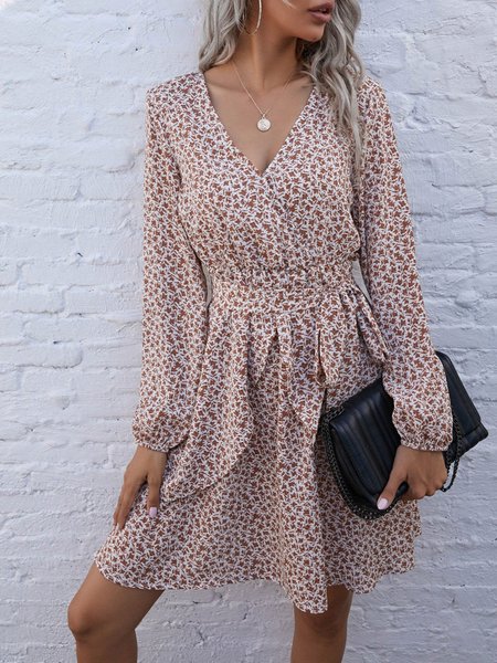 

V Neck Leaves Mini Dress, Light coffee, Mini Dresses