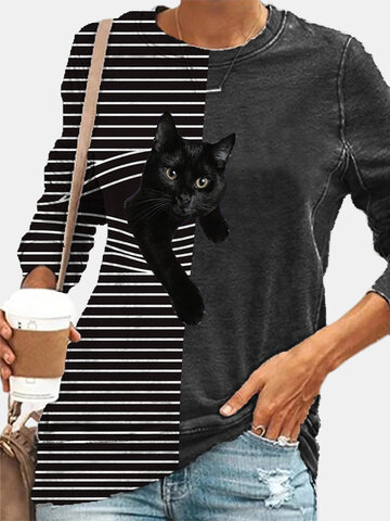 

Cat Stripes Casual Shirts & Tops, Black, Long sleeve tops