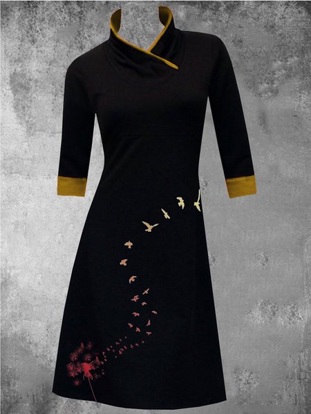 Cotton-Blend Half Sleeve A-Line Casual Knitting Dress, Yellow, Dresses