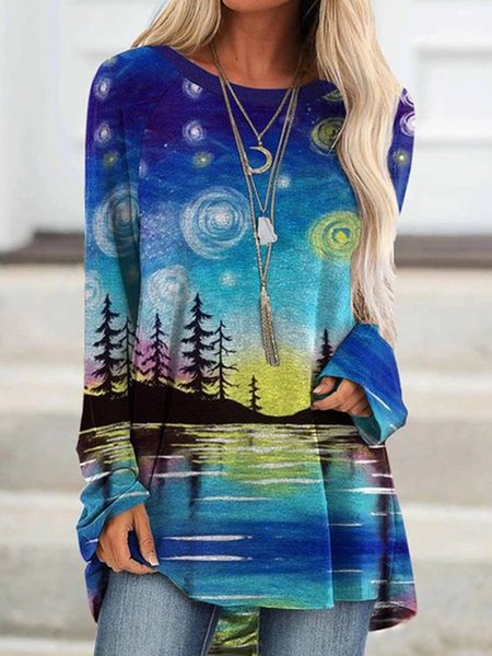 

Crew Neck Printed Long Sleeve Tops, Blue, Long sleeve tops