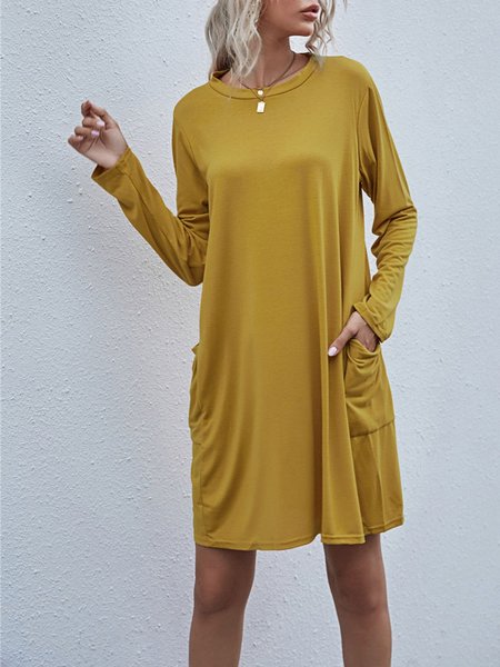 Plain Crew Neck Dress, Yellow, Dresses