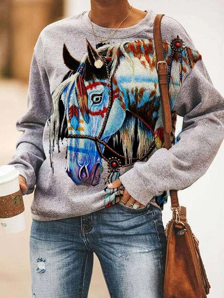 

Long Sleeve Casual Animal Shirts & Tops, Grey, Tops