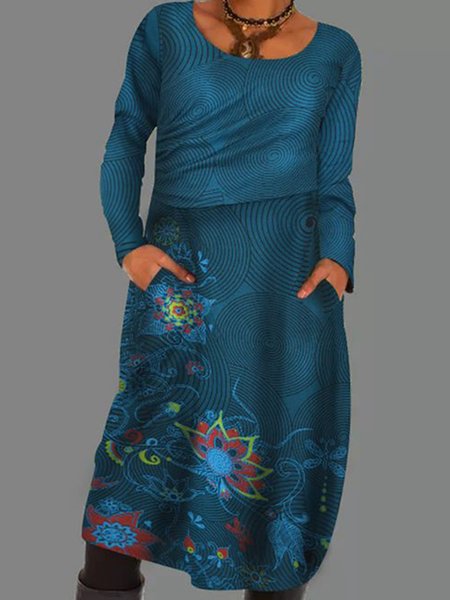 

Maniche Lunghe Stampato Abito Misto Cotone, Blu, Midi Dresses