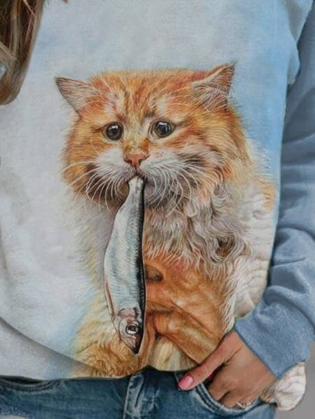 Long Sleeve Casual Cotton Cat Printed Sweatshirt, Blue, Hoodies & Sweatshirts