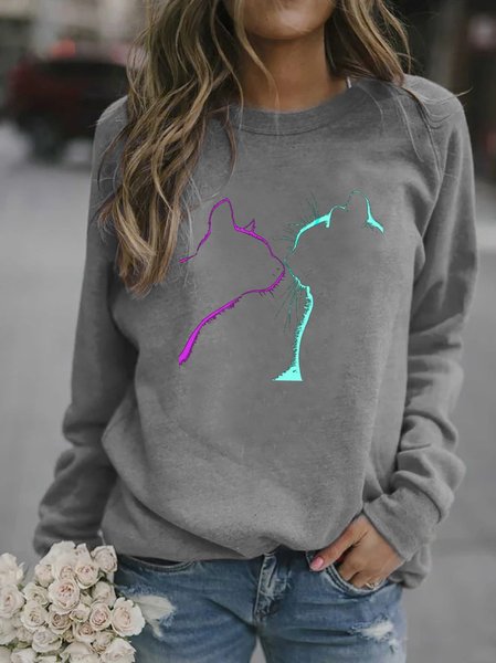 

Cat Cotton-Blend Crew Neck Long Sleeve Casual Sweatshirt, Gray, Hoodies & Sweatshirts