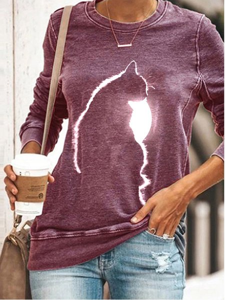 

Cat Crew Neck Long Sleeve Sweatshirts, Purple, Hoodies&Sweatshirts