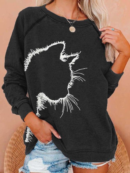 

Cat Crew Neck Long Sleeve Cotton-Blend Sweatshirt, Black, Hoodies & Sweatshirts