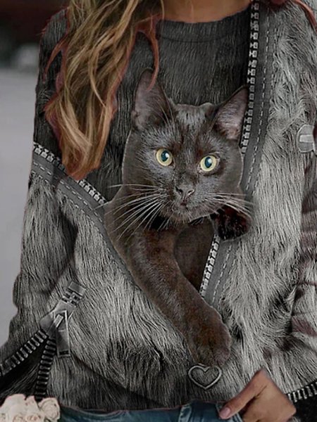 

Felpa autunno e inverno a maniche lunghe, stampa tridimensionale gatto portafortuna, Nero - grigio, Hoodies & Sweatshirts