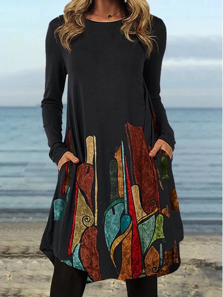 

Women Vintage Abstract Long Sleeve Crew Neck Dresses, Image color, Print Dress