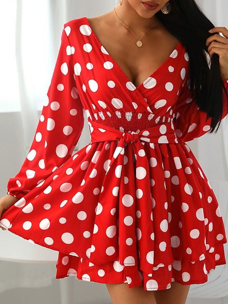 

Long Sleeve Polka Dots Dress, Red, Mini Dresses