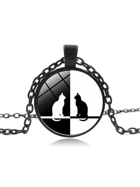 

Cat Winter Sweater Chain with Yin Yang Black White Cat Time Vintage, Necklaces