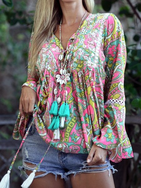 

Boho Long Sleeve Shift Floral Blouse, Multicolor, Tops