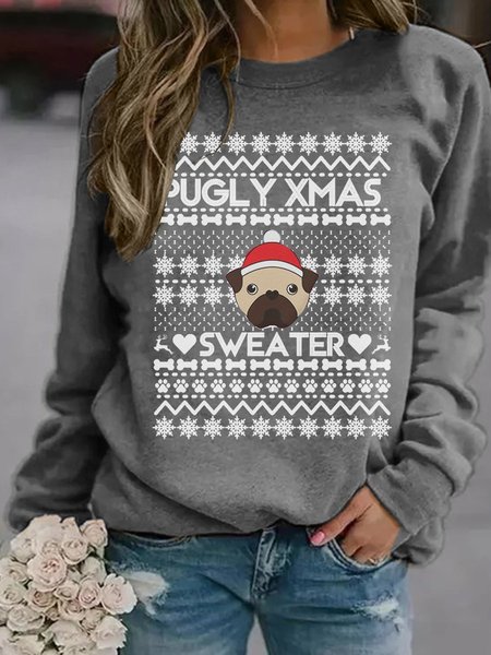 Pugly Xmas Sweater Christmas Pug Dog Graphic Sweatshirt, Gray, Hoodies&Sweatshirts