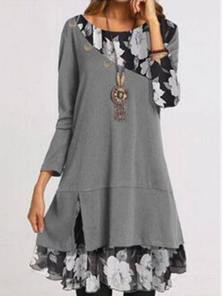 

Long Sleeve Cotton Round Neck Dresses, Gray, Dresses