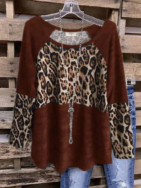 

Long Sleeve Casual Cotton-Blend Crew Neck Shirts & Tops, Brown, Winter Clearance