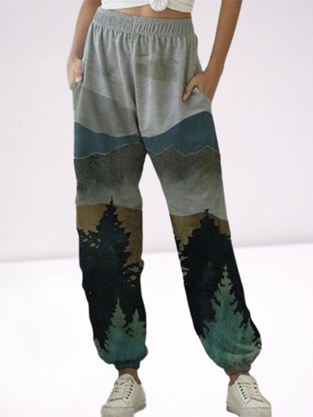 

Landscape Print Elastic Casual Sport Plus Size Sweatpants, Gray, Pants