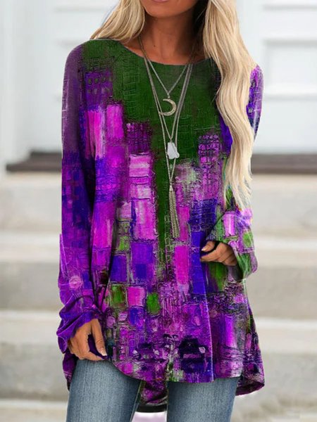 

New Women Fashion Plus Size Holiday Casual Vintage Long Sleeve Tops, Purple, Tunics