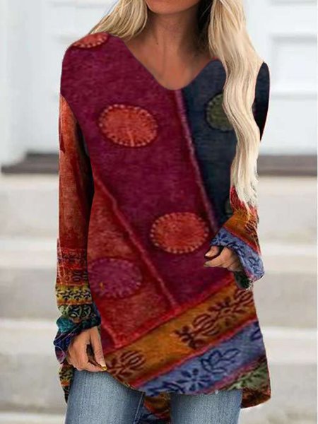 

V Neck Long Sleeve Printed Shirts & Tops, Red, Tops