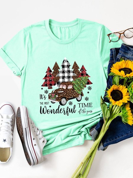 

It's The Most Wonderful Time Of The Year Leopard Plaid Christmas Tree Car Graphic Tee, Mint, T-shirts