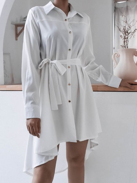

Long Sleeve Shirt Collar Dress, White, Midi Dresses