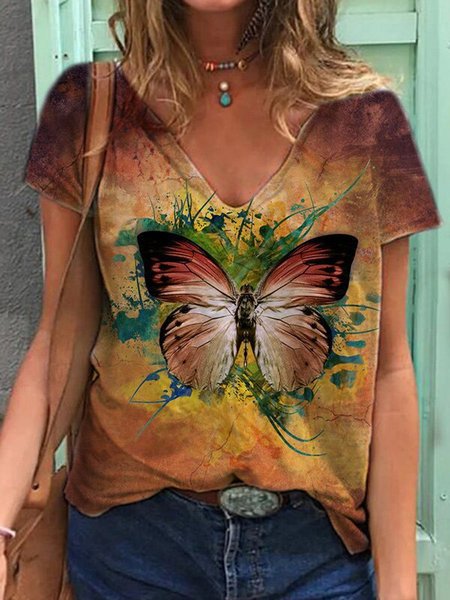 

Butterfly Short Sleeve Floral-Print V Neck Shirts & Tops, Khaki, Tops