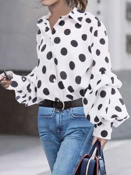 

A Pois Dritto Maniche Lunghe Colletto A Camicia Superiore, Bianco, Blouses & Shirts