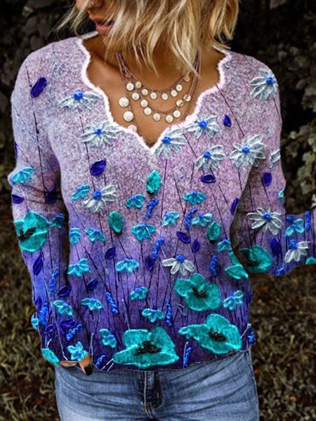 

Top Nuovo Donna Moda Casuale Floreale Vintage Maniche Lunghe Scollo a V Camicie, Blu, Knitwear