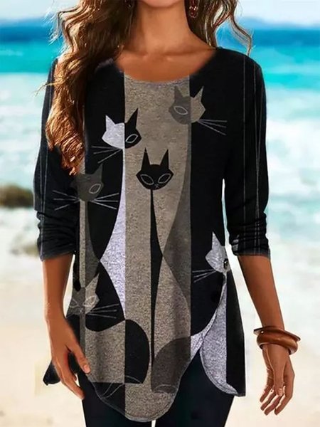 

T-shirts Animale Girocollo Maniche Lunghe Casuale, Cachi, Blouses & Shirts