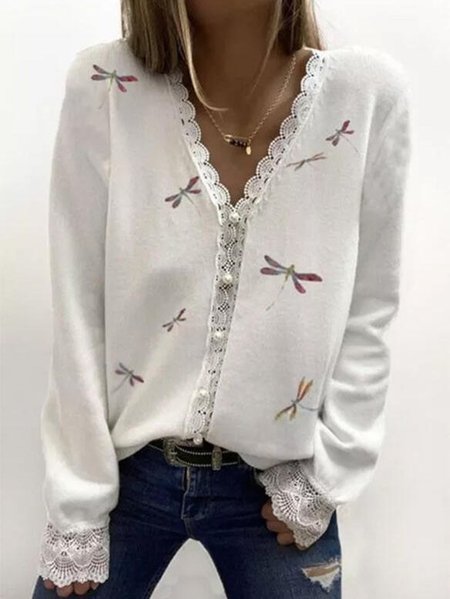 

V Neck Striped Long Sleeve Vintage Tops, White, Tops