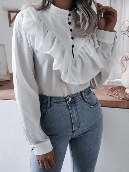 

Stand Collar Long Sleeve Vintage Blouse, White, Blouses and Shirts