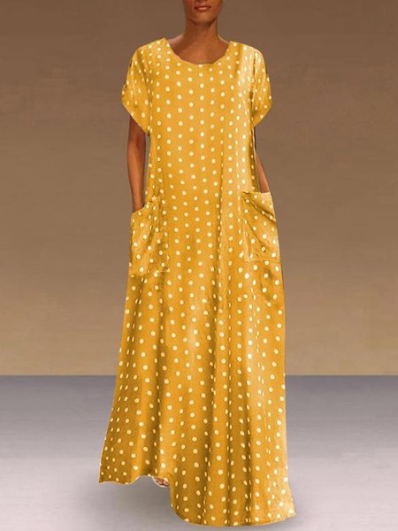 

Casual Polka Dots A-Line Short Sleeve Maxi Dresses, Yellow, Maxi Dresses