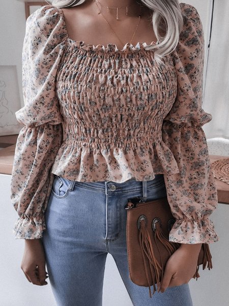 

Long Sleeve Casual Sheath Square Neck Blouse, Pink, Blouses and Shirts