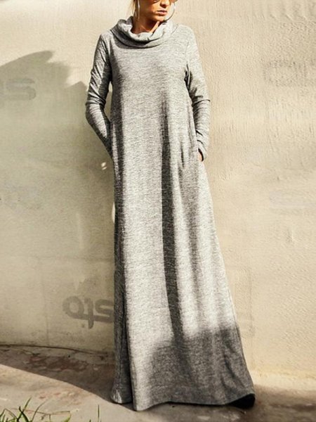 

Casual High Collar Long Sleeve Pocket Dress, Gray, Dresses