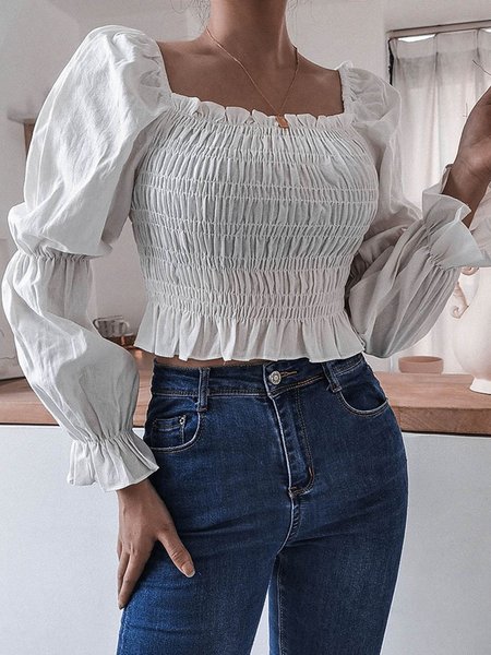 

Long Sleeve Square Neck Plain Sweet Blouse, White, Blouses and Shirts