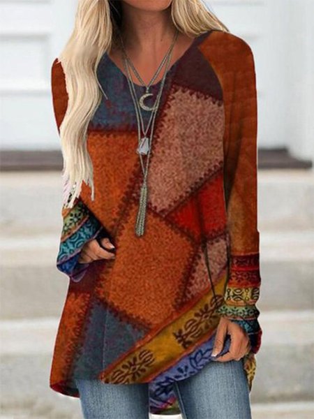 

Long Sleeve V Neck Casual Printed Tops, Multicolor, Tops