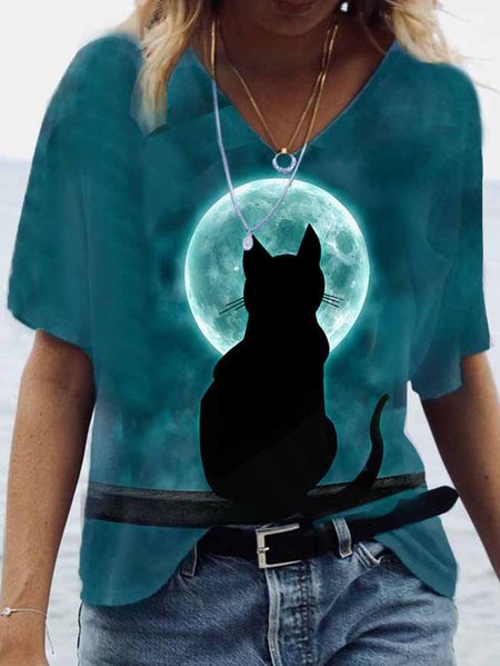 

Casual Short Sleeve Cat Printed T-shirt, Blue, T-Shirts