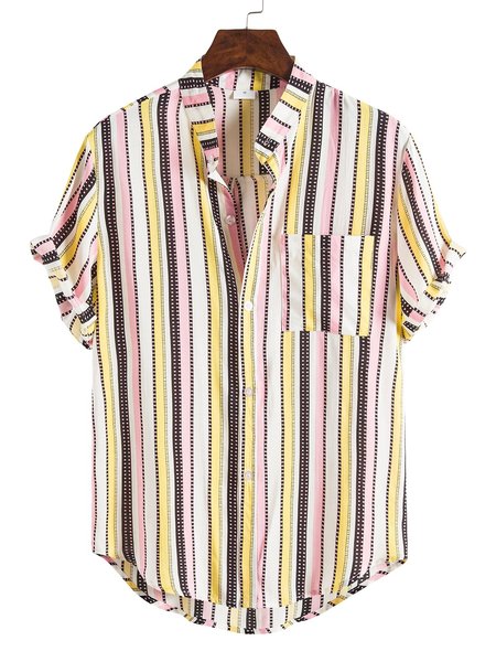 

Men's Stand Collar Striped Shirts, Pink, Men's Floral shirt