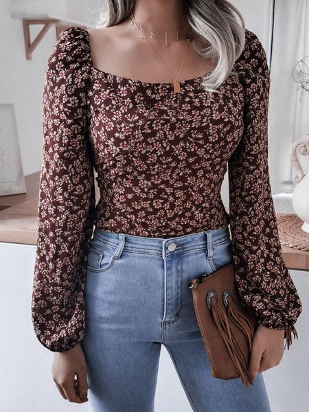 

Long Sleeve Sheath Square Neck Vintage Blouse, Coffee, Blouses and Shirts