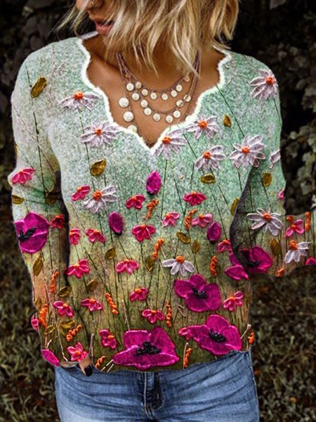 

Camicie Top Nuovo Donna Moda Casuale Floreale Vintage Maniche Lunghe Scollo a V, Rosa rosso, Knitwear