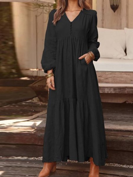 

Women V Neck Long Sleeve Pockets Ruched Maxi Dress, Black, Maxi Dresses