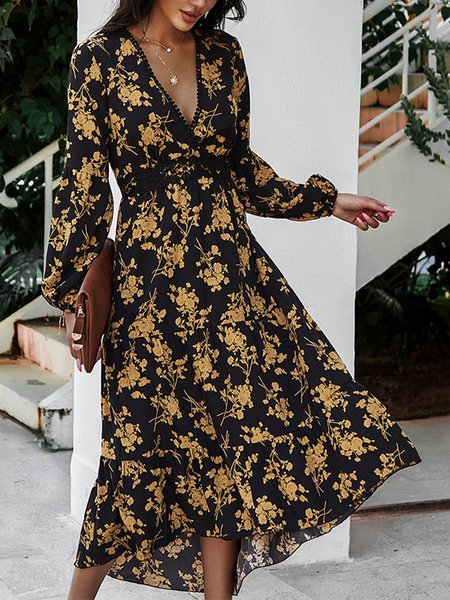 

Long Sleeve Floral V Neck Midi Dress, Black, Midi Dresses