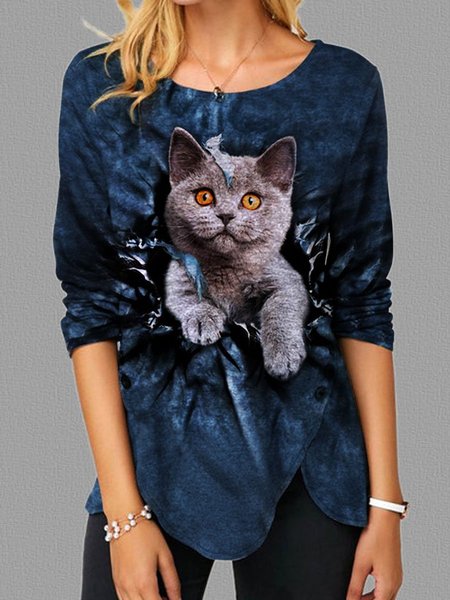 

Animal Creative Cartoon Cute Cat Top, Blue, Hoodies&Sweatshirts