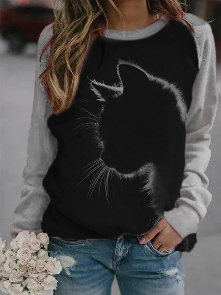 

Felpa autunno inverno a maniche lunghe con stampa cielo stellato gatto portafortuna, Nero, Hoodies & Sweatshirts