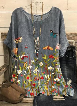 

Floral Casual Round Neckline Half Sleeve Blouses, Gray, Tops