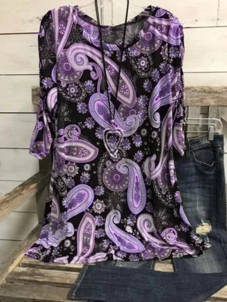 

Casual 3/4 Sleeve Round Neck Plus Size Printed Tops, Purple, Tunics